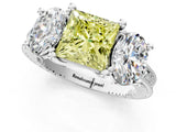 Platinum Three-Stone Fancy Yellow Princess  Diamond Milgrain Pave Band with Prong Setting 1
