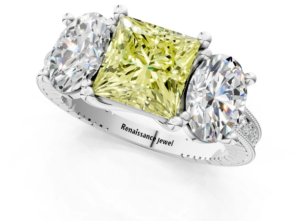 Platinum Three-Stone Fancy Yellow Princess  Diamond Milgrain Pave Band with Prong Setting