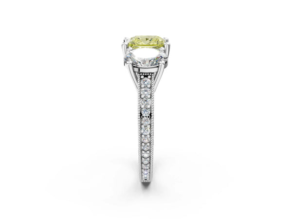 Platinum Three-Stone Fancy Yellow Princess  Diamond Milgrain Pave Band with Prong Setting