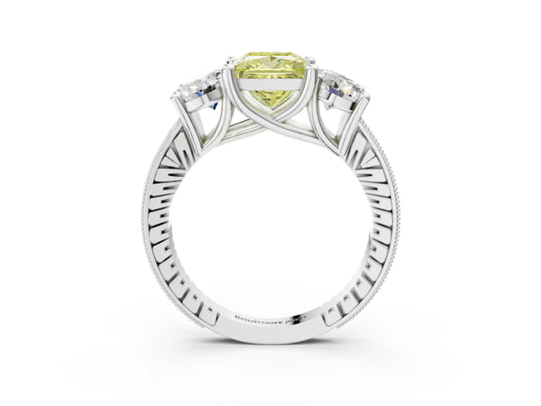 Platinum Three-Stone Fancy Yellow Princess  Diamond Milgrain Pave Band with Prong Setting