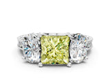Platinum Three-Stone Fancy Yellow Princess  Diamond Milgrain Pave Band with Prong Setting