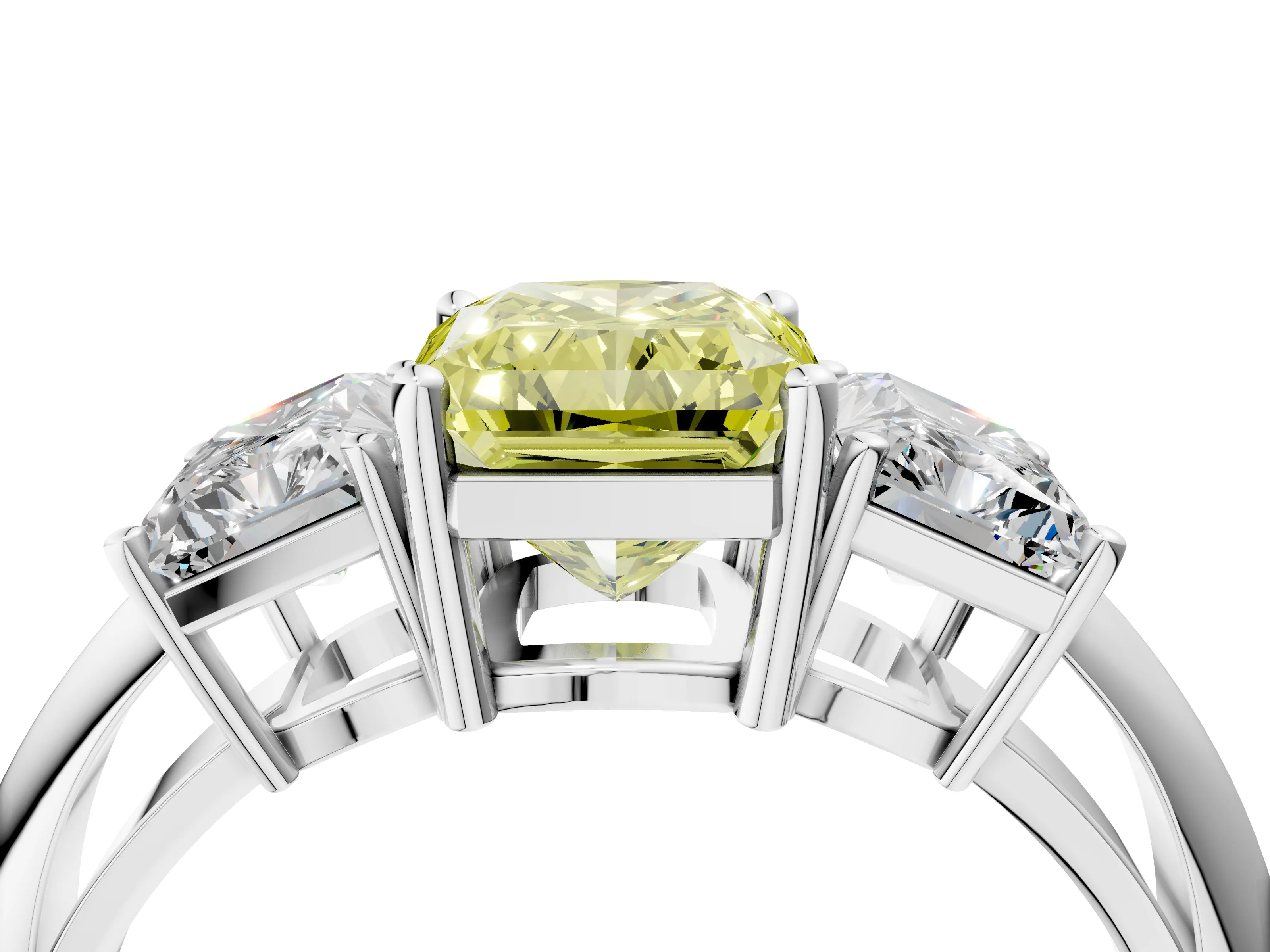 Platinum Three-Stone Fancy Yellow Radiant Cut Cut Diamond Engagement Ring with Prong Setting on a White Gold Band_46