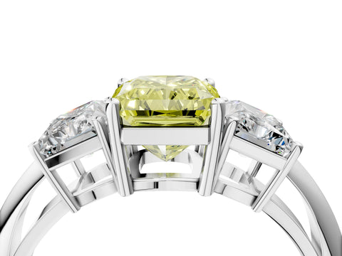 Platinum Three-Stone Fancy Yellow Radiant Cut Cut Diamond Engagement Ring with Prong Setting on a White Gold Band_46