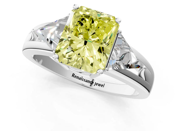 Platinum Radiant Cut Split Shank Three Stone Engagement Ring Setting for Fancy Yellow Center