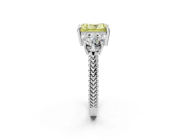 Platinum Radiant Cut Vintage Three Stone Engagement Ring Setting for Fancy Yellow Center