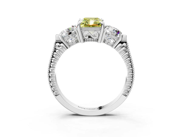 Platinum Radiant Cut Vintage Three Stone Engagement Ring Setting for Fancy Yellow Center
