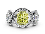 Platinum Three-Stone Fancy Yellow Radiant Cut Diamond Wave Pave Band with Prong Setting_30