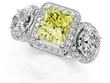 Platinum Three-Stone Fancy Yellow Radiant Cut Halo Diamond Milgrain Band with Four-Prong Setting_13