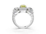 Platinum Three-Stone Fancy Yellow Radiant Cut Halo Diamond Milgrain Band with Four-Prong Setting_15
