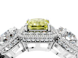Platinum Three-Stone Fancy Yellow Radiant Cut Halo Diamond Milgrain Band with Four-Prong Setting_16