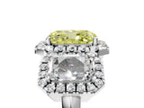 Platinum Three-Stone Fancy Yellow Radiant Cut Halo Diamond Ring with Pave Band and Four-Prong Setting_11
