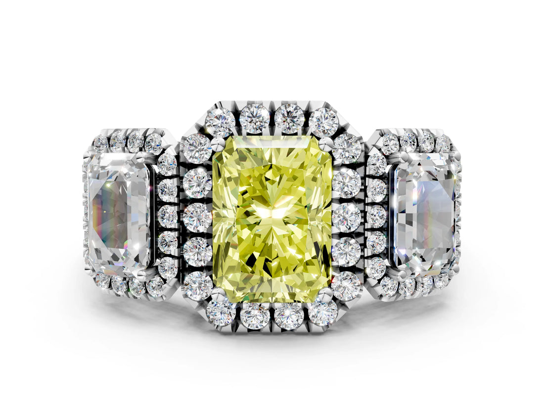 Platinum Three-Stone Fancy Yellow Radiant Cut Halo Diamond Ring with Pave Band and Four-Prong Setting_6