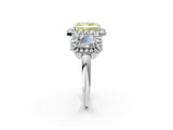 Platinum Three-Stone Fancy Yellow Radiant Cut Halo Diamond Ring with Pave Band and Four-Prong Setting_8