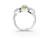 Platinum Three-Stone Fancy Yellow Radiant Cut Halo Diamond Ring with Pave Band and Four-Prong Setting_9