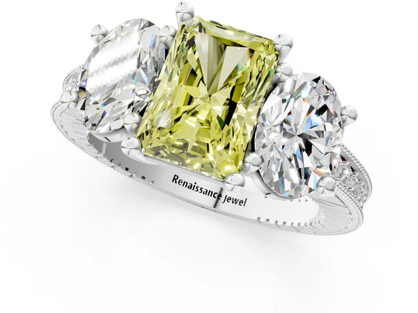 Platinum Three-Stone Fancy Yellow Radiant  Diamond Milgrain Pave Band with Prong Setting