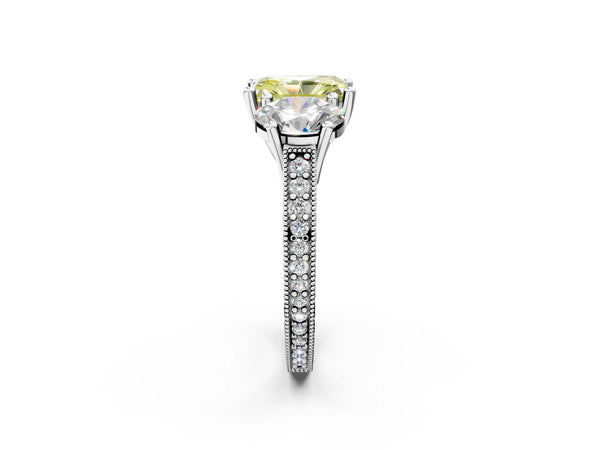 Platinum Three-Stone Fancy Yellow Radiant  Diamond Milgrain Pave Band with Prong Setting