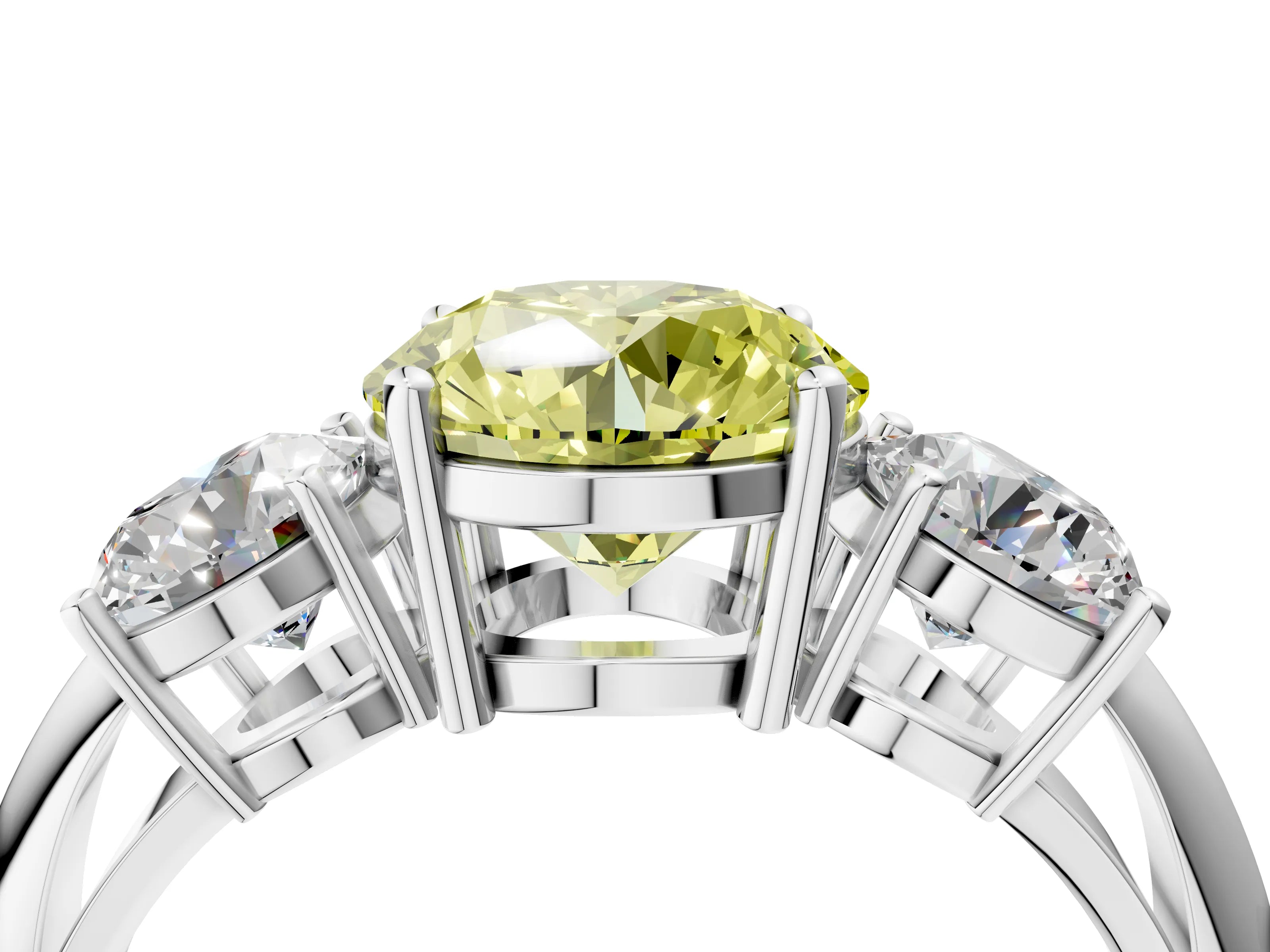 Platinum Three-Stone Fancy Yellow Round Cut Cut Diamond Engagement Ring with Prong Setting on a White Gold Band_46