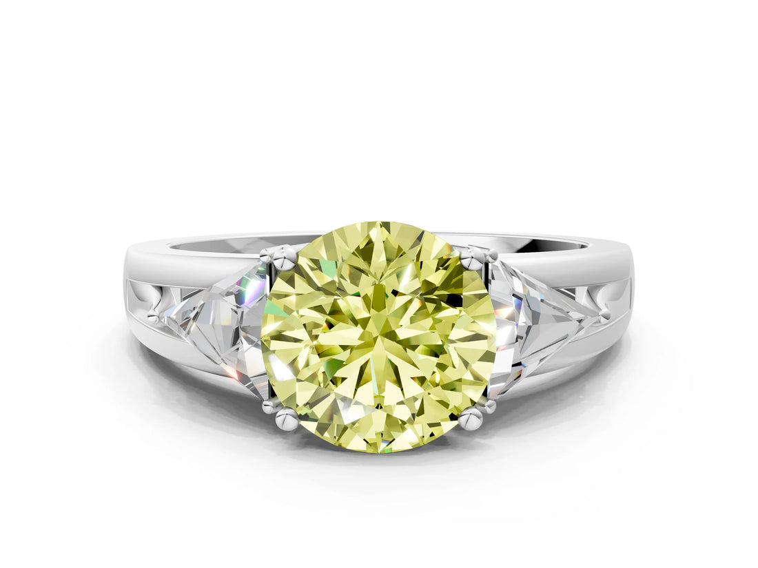 Platinum Three-Stone Fancy Yellow Round Cut Cut Diamond Ring with Trillion Side Stones on a Split Shank Band_6