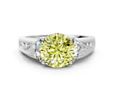 Platinum Three-Stone Fancy Yellow Round Cut Cut Diamond Ring with Trillion Side Stones on a Split Shank Band_6