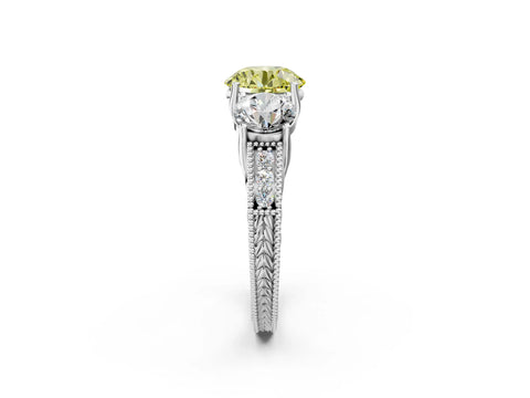 Platinum Three-Stone Fancy Yellow Round Cut Cut Milgrain Pavé Engagement Ring_20