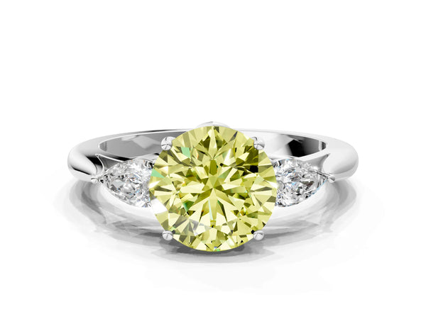 Platinum Three-Stone Fancy Yellow Round Cut Diamond Ring with Pear  Side Stones in Four-Prong Setting