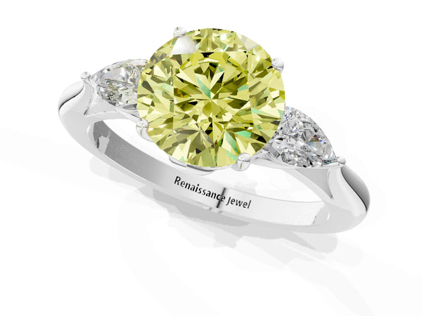 Platinum Three-Stone Fancy Yellow Round Cut Diamond Ring with Pear  Side Stones in Four-Prong Setting