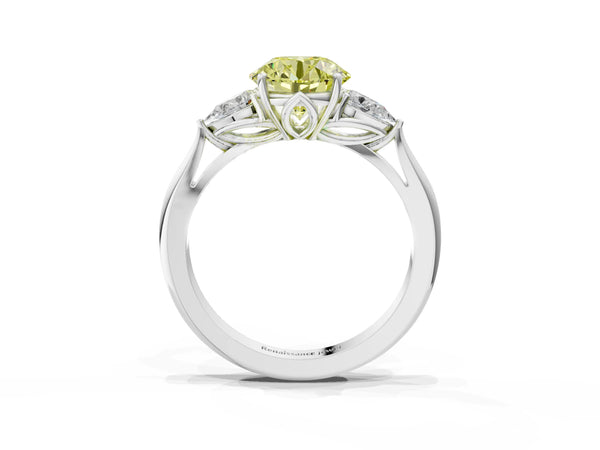 Platinum Three-Stone Fancy Yellow Round Cut Diamond Ring with Pear  Side Stones in Four-Prong Setting