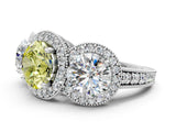 Platinum Three-Stone Fancy Yellow Round Cut Halo Diamond Milgrain Band with Four-Prong Setting_12