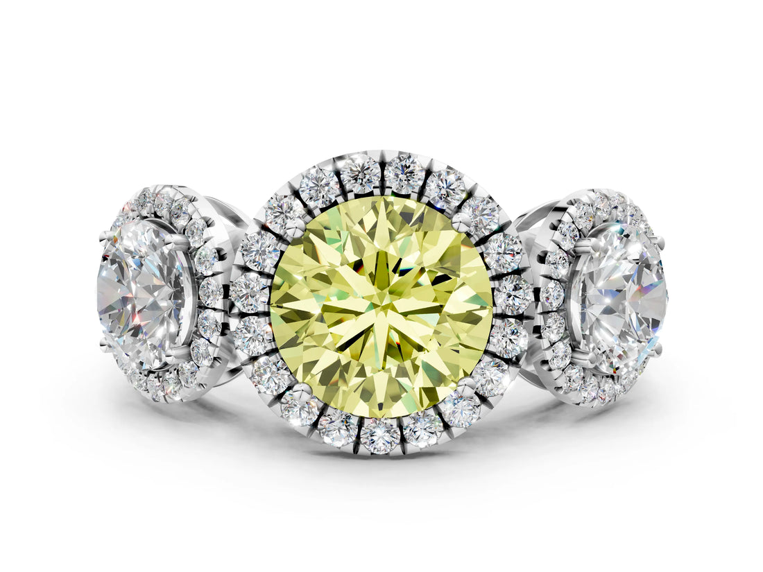 Platinum Three-Stone Fancy Yellow Round Cut Halo Diamond Ring with Pave Band and Four-Prong Setting_6
