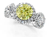 Platinum Three-Stone Fancy Yellow Round Cut Halo Diamond Ring with Pave Band and Four-Prong Setting_7