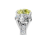 Platinum Three-Stone Fancy Yellow Round  Diamond Milgrain Pave Band with Prong Setting