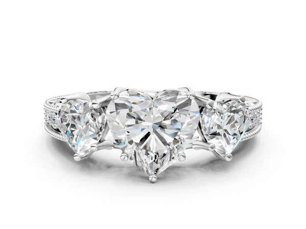 Platinum Heart-Shaped Vintage Three Stone Engagement Ring Setting with Milgrain Pave Band