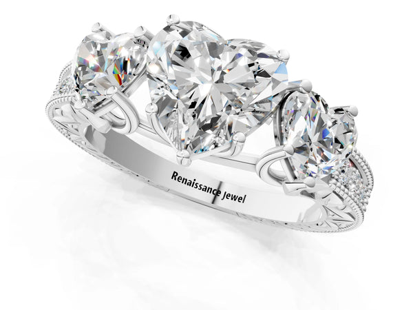Platinum Heart-Shaped Vintage Three Stone Engagement Ring Setting with Milgrain Pave Band