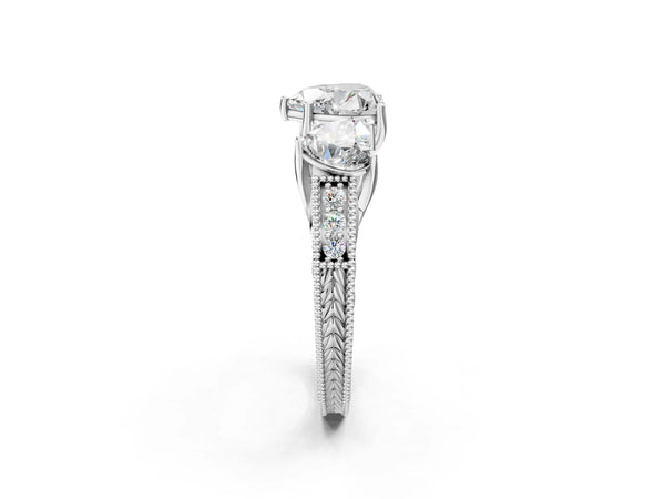 Platinum Heart-Shaped Vintage Three Stone Engagement Ring Setting with Milgrain Pave Band