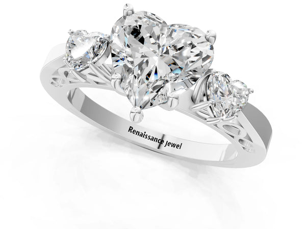 Platinum Three-Stone Heart Cut Diamond Cathedral Engagement Ring with Prong Setting