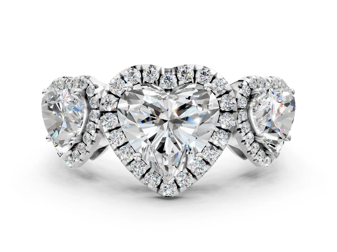 Platinum Three-Stone Heart Cut Halo Diamond Ring with Pave Band and Four-Prong Setting_31