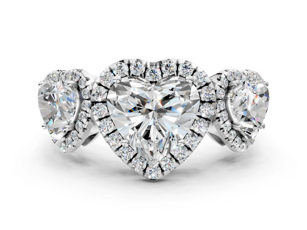 Platinum Three-Stone Heart Cut Halo Diamond Ring with Pave Band and Four-Prong Setting