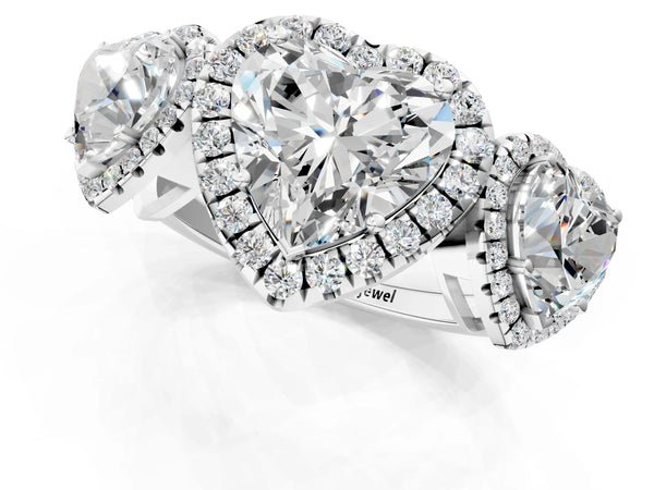 Platinum Three-Stone Heart Cut Halo Diamond Ring with Pave Band and Four-Prong Setting