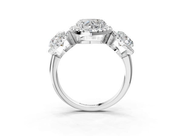 Platinum Three-Stone Heart Cut Halo Diamond Ring with Pave Band and Four-Prong Setting