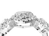 Platinum Three-Stone Heart Cut Halo Diamond Ring with Pave Band and Four-Prong Setting_35