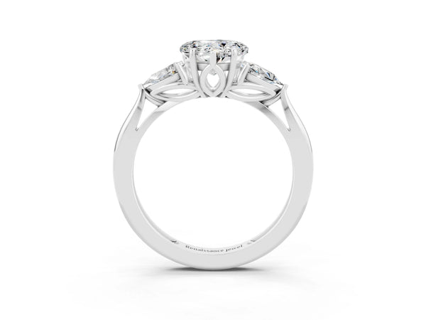 Platinum Three-Stone Heart Cut Moissanite Ring with Pear  Side Stones in Four-Prong Setting