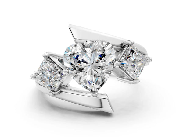 Platinum Three-Stone Heart Cut Tension Band Ring with Four-Prong Setting