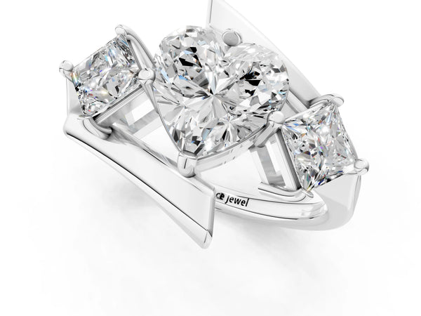 Platinum Three-Stone Heart Cut Tension Band Ring with Four-Prong Setting