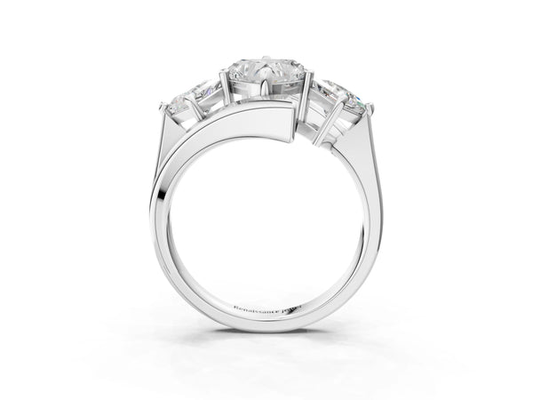 Platinum Three-Stone Heart Cut Tension Band Ring with Four-Prong Setting