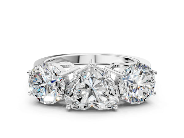 Platinum Heart-Shaped Vintage Three Stone Engagement Ring Setting with Milgrain Baskets
