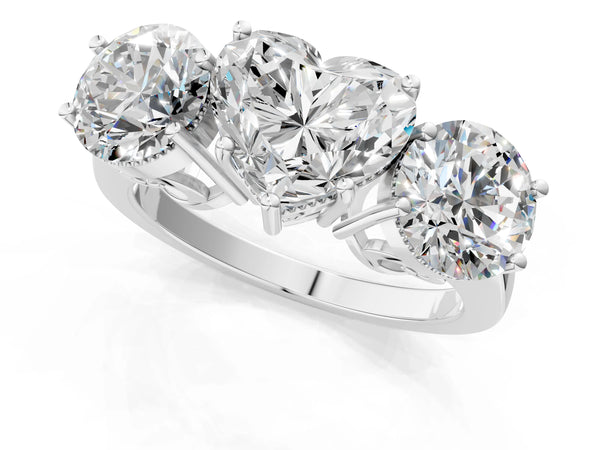 Platinum Heart-Shaped Vintage Three Stone Engagement Ring Setting with Milgrain Baskets