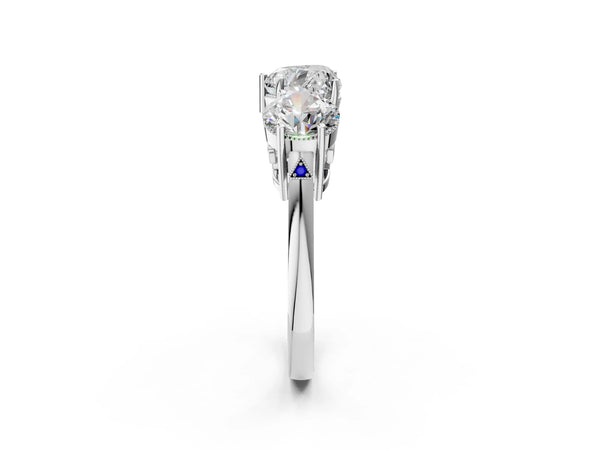 Platinum Heart-Shaped Vintage Three Stone Engagement Ring Setting with Milgrain Baskets