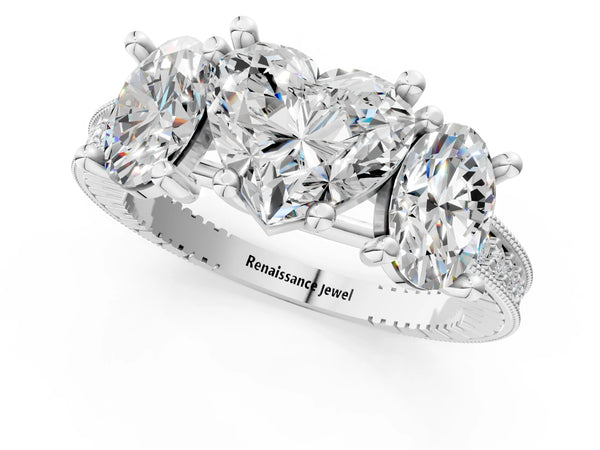Platinum Heart-Shaped Three-Stone Vintage Engagement Ring Setting with Graduated Milgrain Pave Band