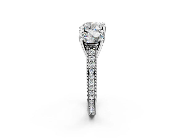 Platinum Heart-Shaped Three-Stone Vintage Engagement Ring Setting with Graduated Milgrain Pave Band