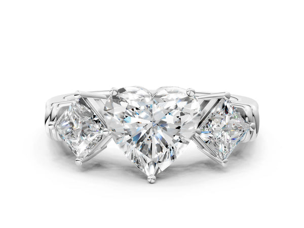 Platinum Heart-Shaped Three Stone Engagement Ring Setting with On-Point Princess Side Stones